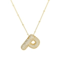 Pendentif lettre P bombé en laiton avec zircons brillants et chaîne dorée pour femme - Lettre P (Pendentif + Chaîne à billes)
