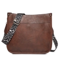 Brown leather tote bag with leopard print shoulder strap and exterior pocket - Dark Brown
