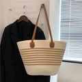 Striped woven cotton tote bag in cream and brown with dark leather handles - Patchwork Striped / Beige and Khaki
