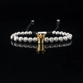 Men's hip hop bracelet with gold crown charm and textured silver beads on black cord - Steel Color Gold Crown