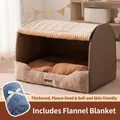 Coffee brown thick warm pet bed with deep plush cushion and blue flannel blanket - S (35*30*30cm) / Faux Rabbit Fur Style+Flannel Blanket(2510MJML1671-XP) / Wendy Brown