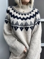 Vintage oversized gebreide damestrui met Noors geometrisch patroon en hoge kraag - S / Broken Wit