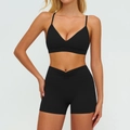 Set sportivo nero da donna con reggiseno a V e pantaloncini da yoga a vita a V - Taglia S / Top E Pantaloni / Top + Pantaloncini / Nero premium