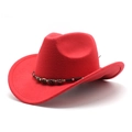 Detail of red wool felt cowboy hat featuring vintage beaded band and curved brim - M (56-58cm) / Red