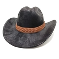 Detail of the black western cowboy hat featuring a brown braided band and vintage matte felt texture - M (56-58cm) / Tie-Dye Black