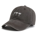 Macro shot of white embroidered palm trees on a charcoal grey washed cotton baseball cap - One Size / Three Coconut Trees Printed Coffee
