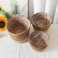 Three-piece set of woven seagrass planters with waterproof liners in rustic home setting - Set of 3 (S/M/L) / Khaki Base