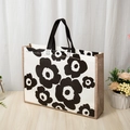 Vintage black and white flower tote bag with tan woven side on wooden table - 28*32*10cm / Trend Floral