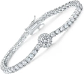 Detail shot of silver tennis bracelet with 6mm white round zircon and buckle clasp - Copper / 8.5 Inches / Silver