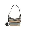 Colorful striped woven straw shoulder bag with black top handles and fashion logo - Colorful Stripes (Black Strap) / Black