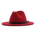 Red wool felt fedora hat with black leather band and silver buckle for women - M / Dark Red