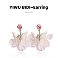 Detail of pink rose and lilac orchid flower earrings with sparkling crystal droplets - Pink Rose & Purple Orchid Petal Style (16#)