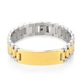 Macro detail of two-tone stainless steel link bracelet with blank engraving plate - Two-tone (Gold & Silver)