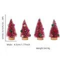 Deep pink mini frosted Christmas trees with colorful baubles and wooden base, set of 4 - Set of 4 / Wine Red with Snow and Bells