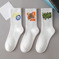Three pairs of white crew socks with colorful graffiti prints and ribbed cotton texture - 3 Pairs (Styles 1, 5, 10)