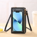 Black touchscreen crossbody phone bag in pebble grain leather with gold hardware - Black