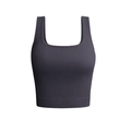 Dark grey ribbed seamless yoga tank top with wide straps and a U-neck design - S / Tops / Gray