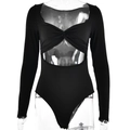 Detail view of the stylish twist-knot front and cut-out waist on this black long sleeve bodysuit - S / Black