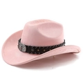 Close-up of pink western cowboy hat with black band and silver bull head buckle detail - M (56-58cm) / Pink