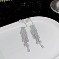 Silver drop earrings with cascading cubic zirconia tassels and white pearls - Silver Full Zircon Long Tassel Pearl (E0200 Silver)