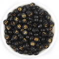 Flat round black acrylic letter beads with gold letters for DIY jewelry bracelets - Black + Gold Text