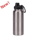 Sleek 1L stainless steel water bottle in brushed silver finish with portable carry lid - Silver-Black Sports Lid