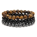 Set aus 3 Naturstein-Armbändern mit Tigerauge, schwarzem Achat und Hämatit-Perlen - Tigerauge und Hämatit