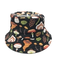 Close-up of mushroom and plant pattern on high-quality fabric of a black bucket hat - M (56-58cm) / 6# Black Floral Mushroom