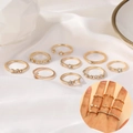 9-piece gold ring set featuring star, moon, rhinestone and pearl designs on silk - Pearl Rhinestone Gold Stackable Ring Set (8696)