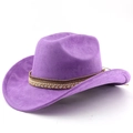 Close-up of purple faux suede cowboy hat with ethnic beaded trim and metal chain detail - M (56-58cm) / Taro Purple