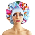 Light blue floral satin bonnet with wide elastic band and colorful flower print - 10893 Light Blue Floral