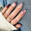 Detail of burgundy and floral press-on nails on hands with a golden gemstone ring - No Accessories Style / X-0373 Wine Red Floral