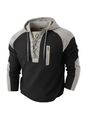 Close-up of men's hoodie featuring waffle knit texture and contrast grey panel details - Black