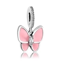 Pink enamel butterfly charm with S925 silver setting and clear crystals for bracelets - Pink Enamel Butterfly Dangle