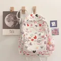 Cute cartoon heart print backpack for students with pink flower plush charm accessory - White Heart