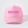 Casquette trucker rose en mesh avec texte GOD IS GOOD et cordon tressé à l'avant - Rose