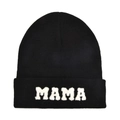 Classic black knitted beanie hat with white MAMA embroidered letters for winter warmth - Black