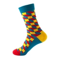 Mid-calf cotton crew socks with bold red, yellow, and blue geometric cube patterns - No. 183 Pop Cube