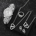 Detail of silver heart jewelry set including watch, ring, and earrings with crystals - Quartz Watch + Necklace + Bracelet + Ring + Earrings / Silver (With Watch Set)