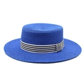 Detailed view of blue straw boater hat with black and white striped ribbon band decor - M (56-58cm) / Sapphire Blue
