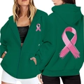 Dark green zip up hoodie featuring pink ribbon breast cancer awareness front and back view - S / Dark Green