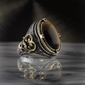 Vintage men's snake style ring with oval tiger eye stone and dual-tone metal patterns - Adjustable Open / Brown Tiger Eye