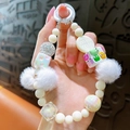 Schattige witte pluche bal telefoonketing met strass kralen en vrolijke smiley bedel - Wit