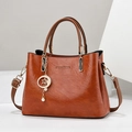 Brown faux leather tote bag with gold star and pearl pendant charm for women - Khaki/Earth Yellow