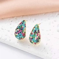 Water-drop stud earrings with colorful zircon pavé and golden metallic finish - Multi-color