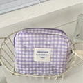 Purple and white gingham quilted pouch with ribbon zipper and woven label detail - Blueberry Plaid