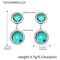 Silver stainless steel drop earrings featuring round emerald green glass stones and double rings - Steel - Lake Blue Stone (TXF508)