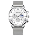 Fashion silver moon phase men's watch with white dial and stainless steel mesh strap - White Dial Silver Hands Silver Strap