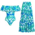 Costume da bagno stampa tropicale con balze, gonna lunga e cintura blu in vita - S / Set di costumi da bagno