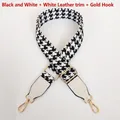 Detail of adjustable houndstooth shoulder strap with white leather and gold metal hooks - Black White + White Leather + Gold Hook